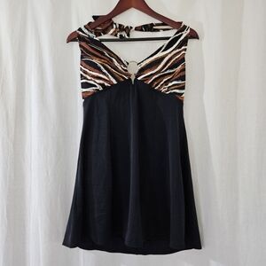 Contour One Piece Halter Dress Swimsuit in Black & Brown Print Women’s Size 12
